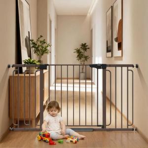 imageCumbor 29759quot Extra Wide Baby Gate for Stairs Pressure Mounted Dog Gate for Doorways AutoClose Easy Walk Through Safety Child Gate for Kids Toddler Tall Pet Gates Indoor Brown