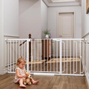 imageCumbor Extra Wide Baby Gate 36669quot WalkThrough Dog Gate for Stairs Doorways ampamp Hallways 305 Tall AutoClose ampamp DualSwing Safety Child Gate Indoor Easy Install PressureMounted Pet Gate White
