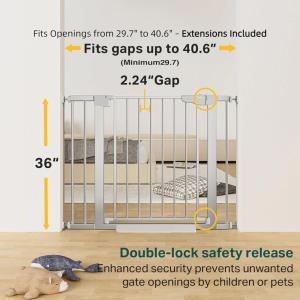 imageCumbor 297515 Extra Wide Baby Gate for Stairs PressureMounted Dog Gates for Doorways amp Hallways AutoClose WalkThrough NoTrip Design Child Proof Safety DogPet Gate for Indoor Use SilverSilver