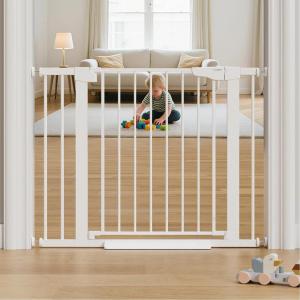 imageCumbor 297515 Extra Wide Baby Gate for Stairs PressureMounted Dog Gates for Doorways amp Hallways AutoClose WalkThrough NoTrip Design Child Proof Safety DogPet Gate for Indoor Use SilverWhite