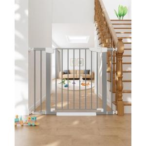 imageCumbor 297515 Extra Wide Baby Gate for Stairs PressureMounted Dog Gates for Doorways amp Hallways AutoClose WalkThrough NoTrip Design Child Proof Safety DogPet Gate for Indoor Use SilverGray